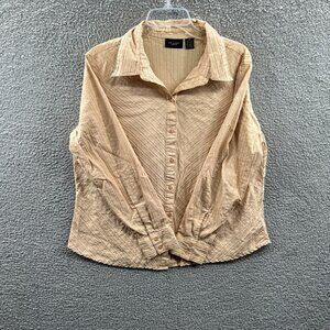 At Last Womens Top 2X Tan Seersucker Long Sleeve‎ Button Front Shirt Stretch